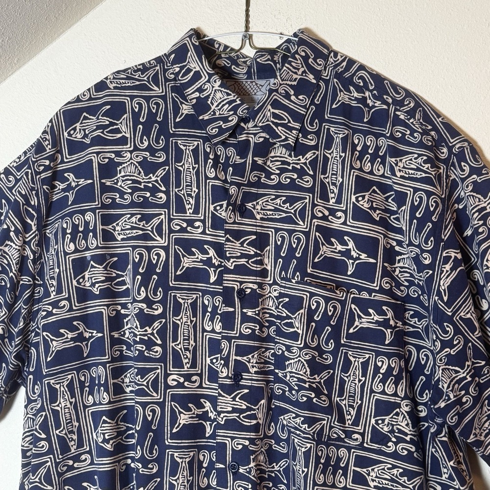 Back East Fish Print Shirt XL Blue Hawaiian Short‎ Sleeve Cotton Button Up